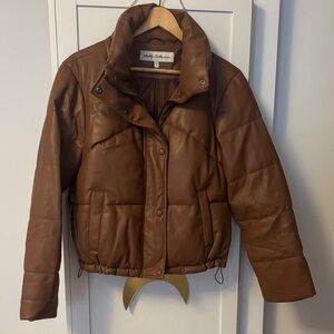 Brown Faux Leather Puffer Jacket